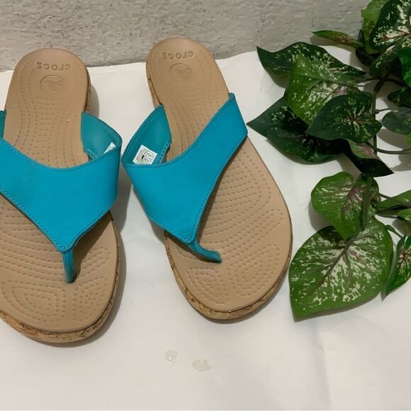 CROCS A-Leigh turquoise Thong. Cork Wedge Flip Flop Sandals Womens Size 10 - Picture 3 of 11